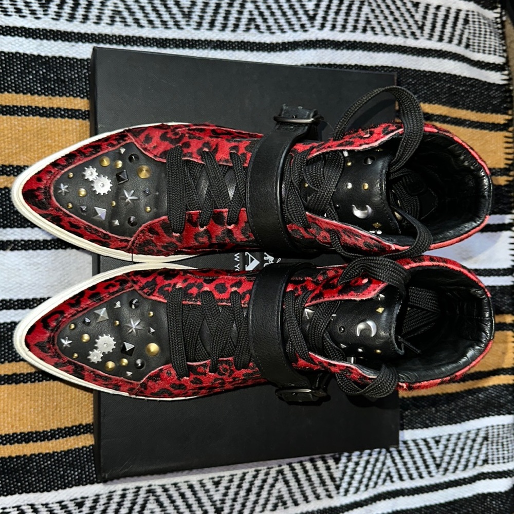 COACH Leather C203 Sneakers Shoes Haircalf Fur With Studs Leopard Animal Print